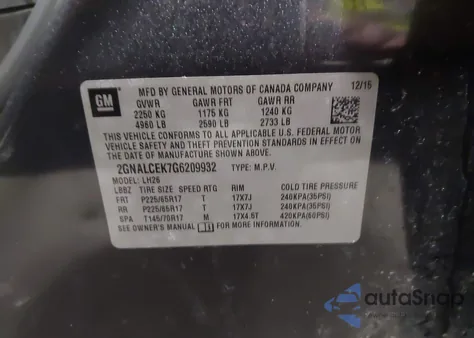 2016 Chevrolet Equinox Lt from USA, damaged, VIN 2GNALCEK7G6209932